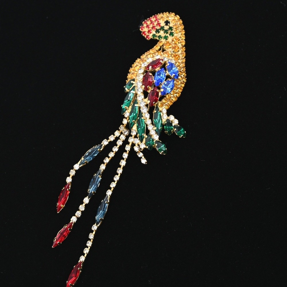Vintage Style Colorful Rhinestone Parrot Bird Brooch Gold Tone Dangle Tail 5.5"